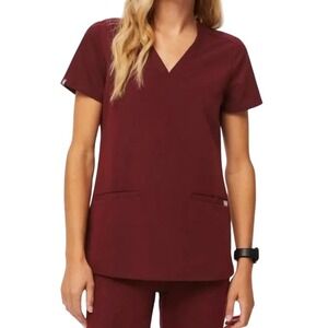 FIGS Casma 3-Pocket Scrub Top Burgundy V Neck Women's Size Medium